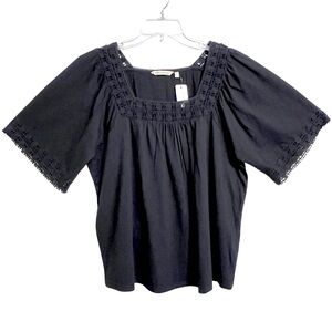 Soft Surroundings Womens Brianna Boho Crochet Knit Tee XL Black NWT Square Neck